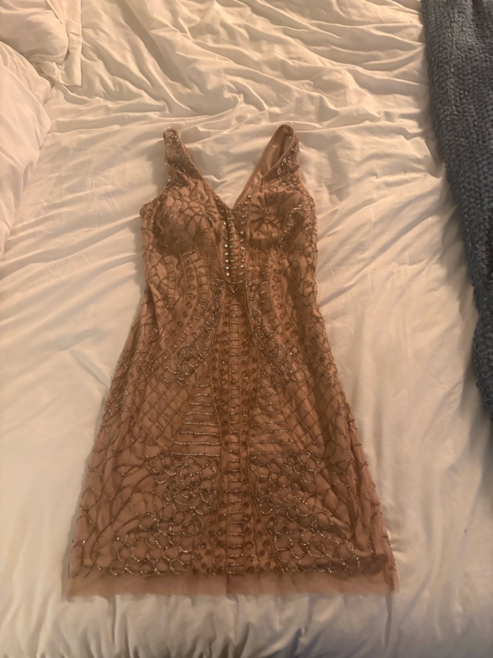Aidan Mattox Nude Embellished V-Neck Mini Dress